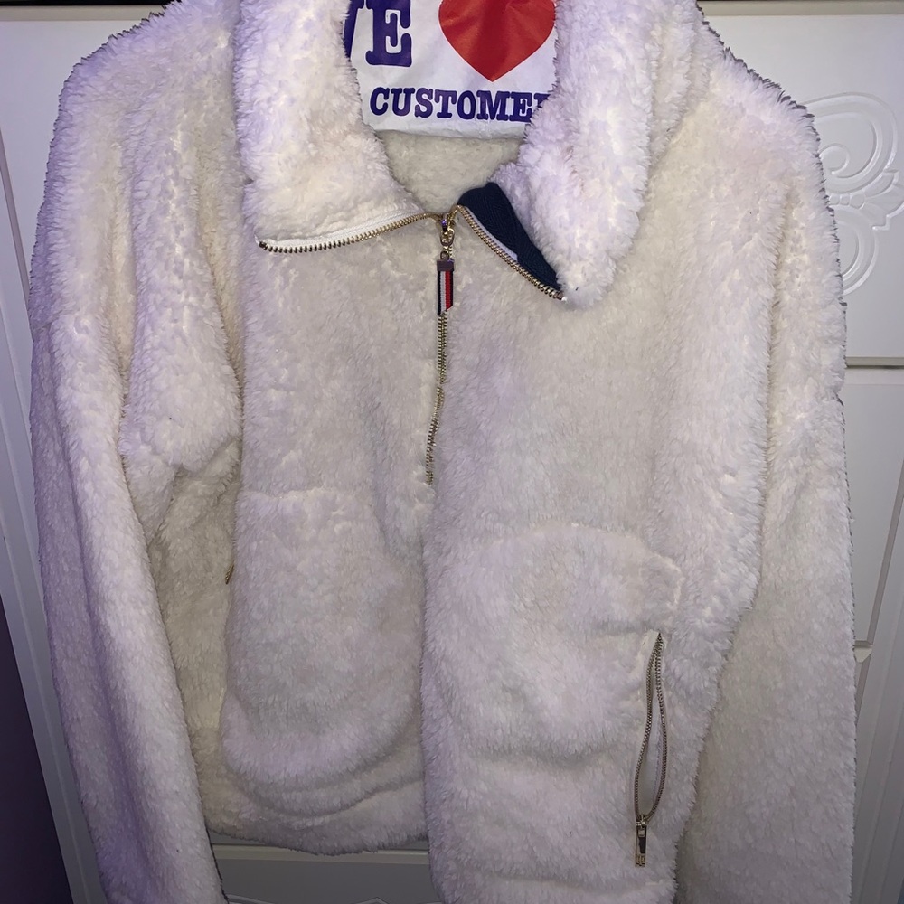 TOMMY HILFILGER White Sherpa Quarter Zip Sweater